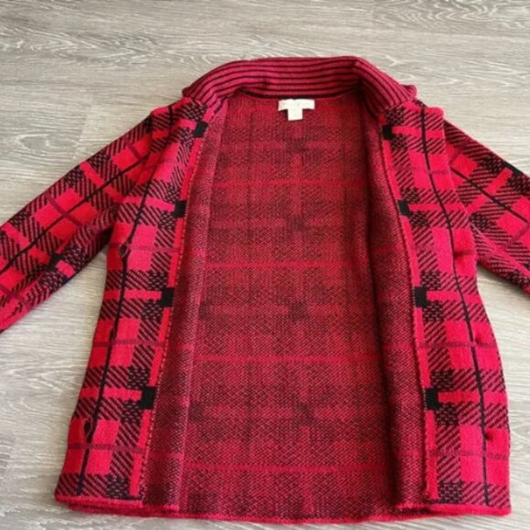 Christopher & Banks Sweater Medium Button Front Short Red Black Plaid - Picture 10 of 12